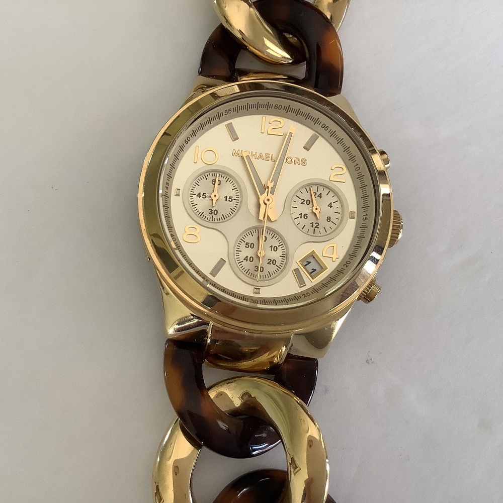 Michael Kors Gold and Tortoiseshell Chain-Link Chronograph Watch